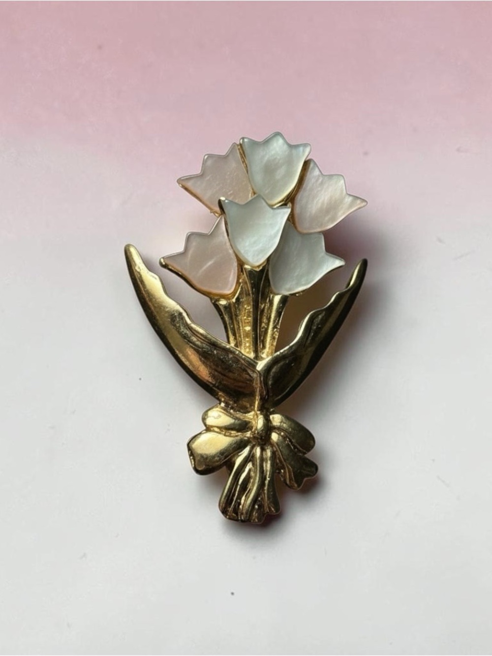 Gold-tone Floral Brooch with White and Pale Pink Mother-of-Pearl Petals